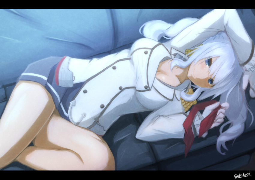 1girl akahuzi artist_name blue_eyes blush breasts cleavage closed_mouth collarbone eyebrows_visible_through_hair gloves highres kantai_collection kashima_(kantai_collection) large_breasts letterboxed long_sleeves looking_at_viewer lying medium_hair on_back silver_hair smile solo thighs twintails twitter_username white_gloves