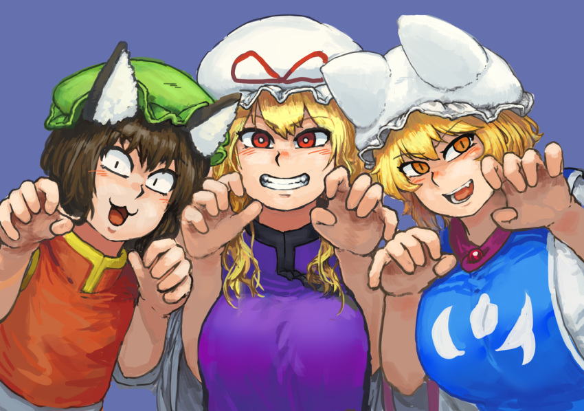 3girls :3 :d animal_ears bangs blonde_hair blue_background blush breast_squeeze breasts brown_hair cat_ears chanta_(ayatakaoisii) chen chinese_clothes eyebrows_visible_through_hair fangs flat_chest fox_ears hat large_breasts long_hair looking_at_viewer multiple_girls open_mouth orange_eyes paw_pose pillow_hat red_eyes red_hat shirt short_hair short_sleeves simple_background slit_pupils smile tabard touhou white_hat white_shirt wide_sleeves yakumo_ran yakumo_yukari