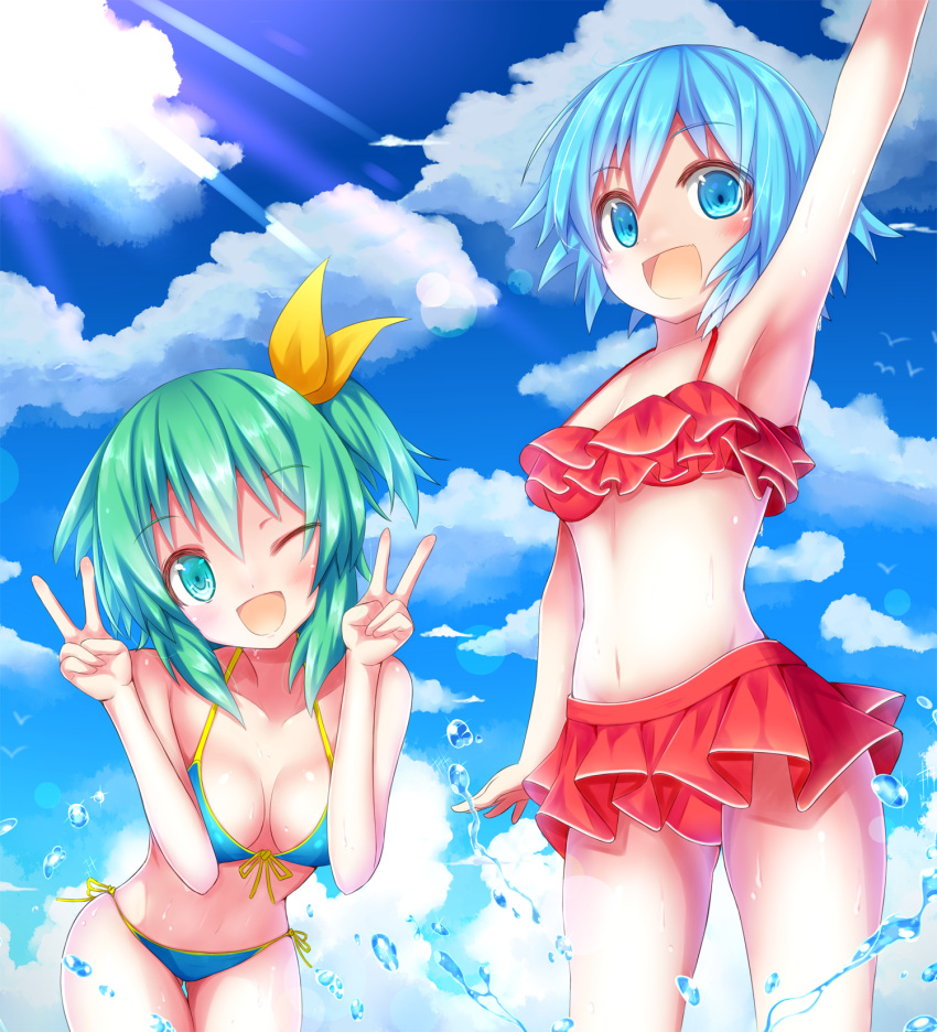 2girls :d ;d aqua_eyes aqua_hair arm_up armpits bangs bare_arms bare_shoulders bent_over bikini bikini_skirt blue_bikini blue_eyes blue_hair blue_sky blush breasts cirno clouds daiyousei day double_v eyebrows_visible_through_hair frilled_bikini frills hair_ribbon head_tilt highres light_rays looking_at_viewer medium_breasts multiple_girls navel one_eye_closed one_side_up open_mouth outdoors red_bikini ribbon sansai_(age3joe) short_hair side-tie_bikini sky small_breasts smile splashing standing stomach sunbeam sunlight swimsuit tareme thigh_gap thighs touhou v water water_drop yellow_ribbon