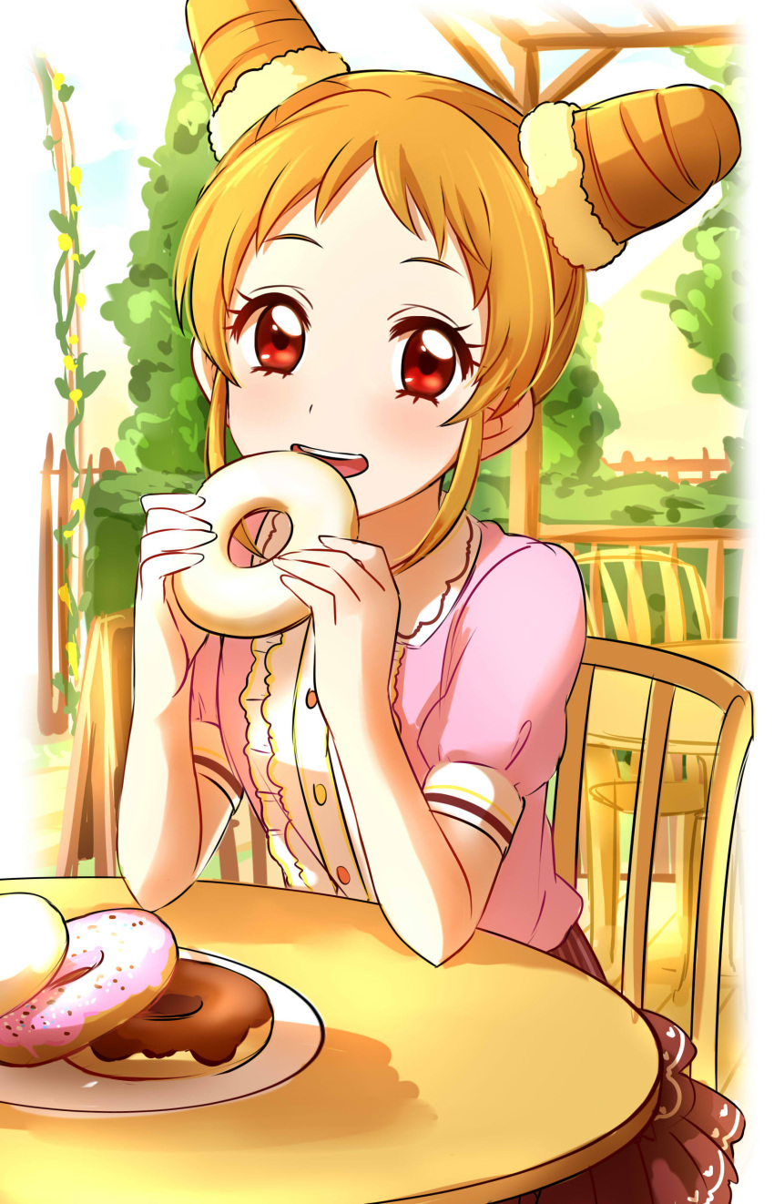1girl absurdres aikatsu! blush chair character_request day doughnut eating elbows_on_table fence food highres holding holding_food looking_at_viewer outdoors parted_lips pink_shirt pleated_skirt puffy_short_sleeves puffy_sleeves red_eyes red_skirt sekina shirt short_sleeves sitting skirt smile solo table tray tree