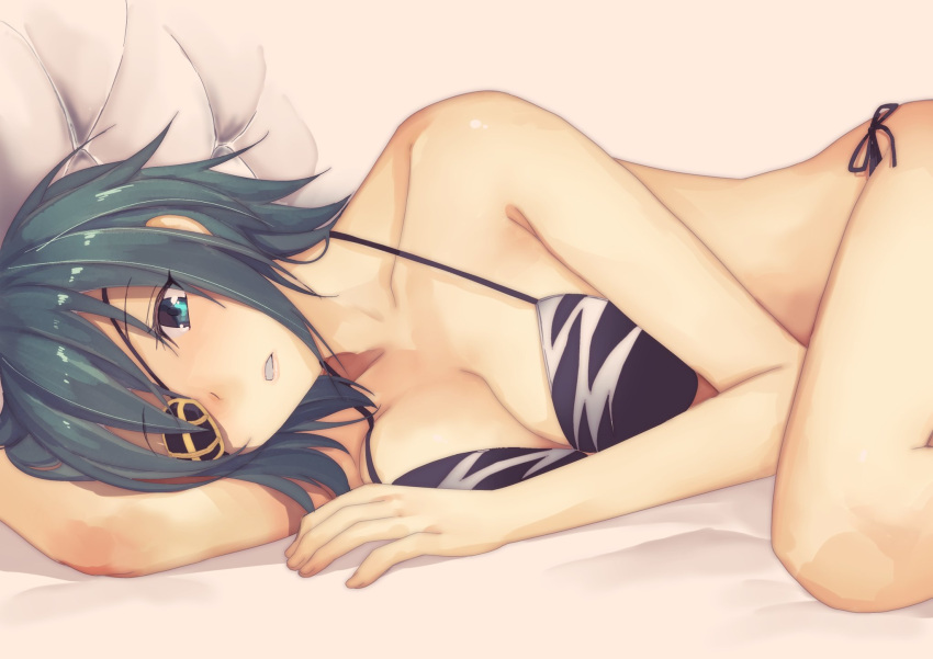 1girl aqua_eyes aqua_hair arm_support bare_arms bare_shoulders bed_sheet bikini black_bikini black_ribbon blush breasts cleavage collarbone commentary_request expressionless eyebrows_visible_through_hair eyepatch halterneck highres kantai_collection kiso_(kantai_collection) looking_at_viewer lying masukuza_j medium_breasts on_side one_eye_covered parted_lips pink_background ribbon short_hair side-tie_bikini simple_background solo swimsuit thighs unaligned_breasts