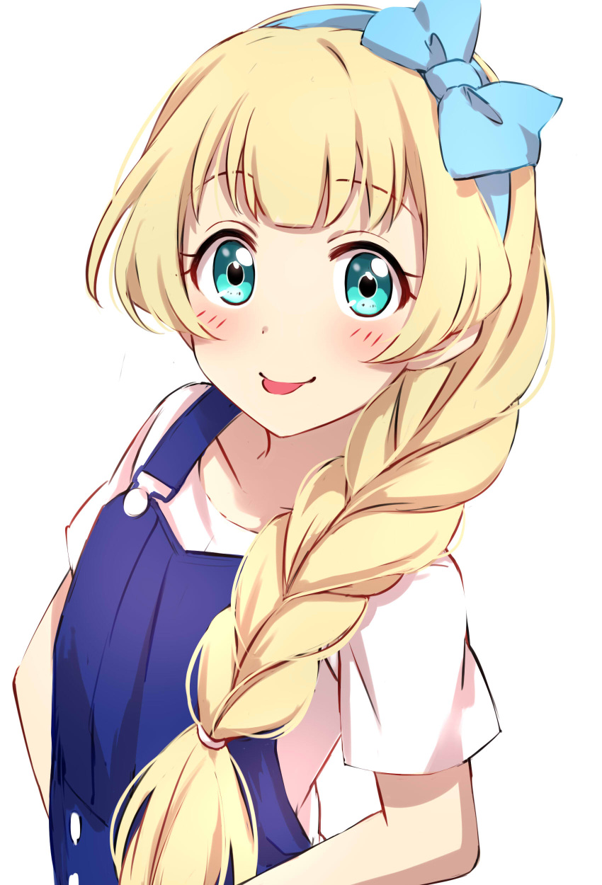 1girl absurdres aikatsu! aqua_eyes bangs blonde_hair blue_bow blush bow braid character_request closed_mouth collarbone eyebrows_visible_through_hair hair_bow hair_over_shoulder highres long_hair looking_at_viewer overalls sekina shirt short_sleeves simple_background solo tongue tongue_out upper_body white_background white_shirt