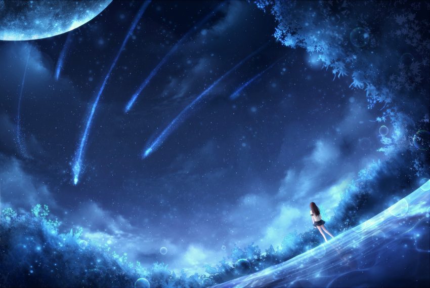 1girl brown_hair commentary_request czy_(2894456992) forest from_behind highres long_hair moon nature night night_sky original outdoors scenery shirt shooting_star short_sleeves skirt sky solo standing star_(sky) starry_sky white_shirt