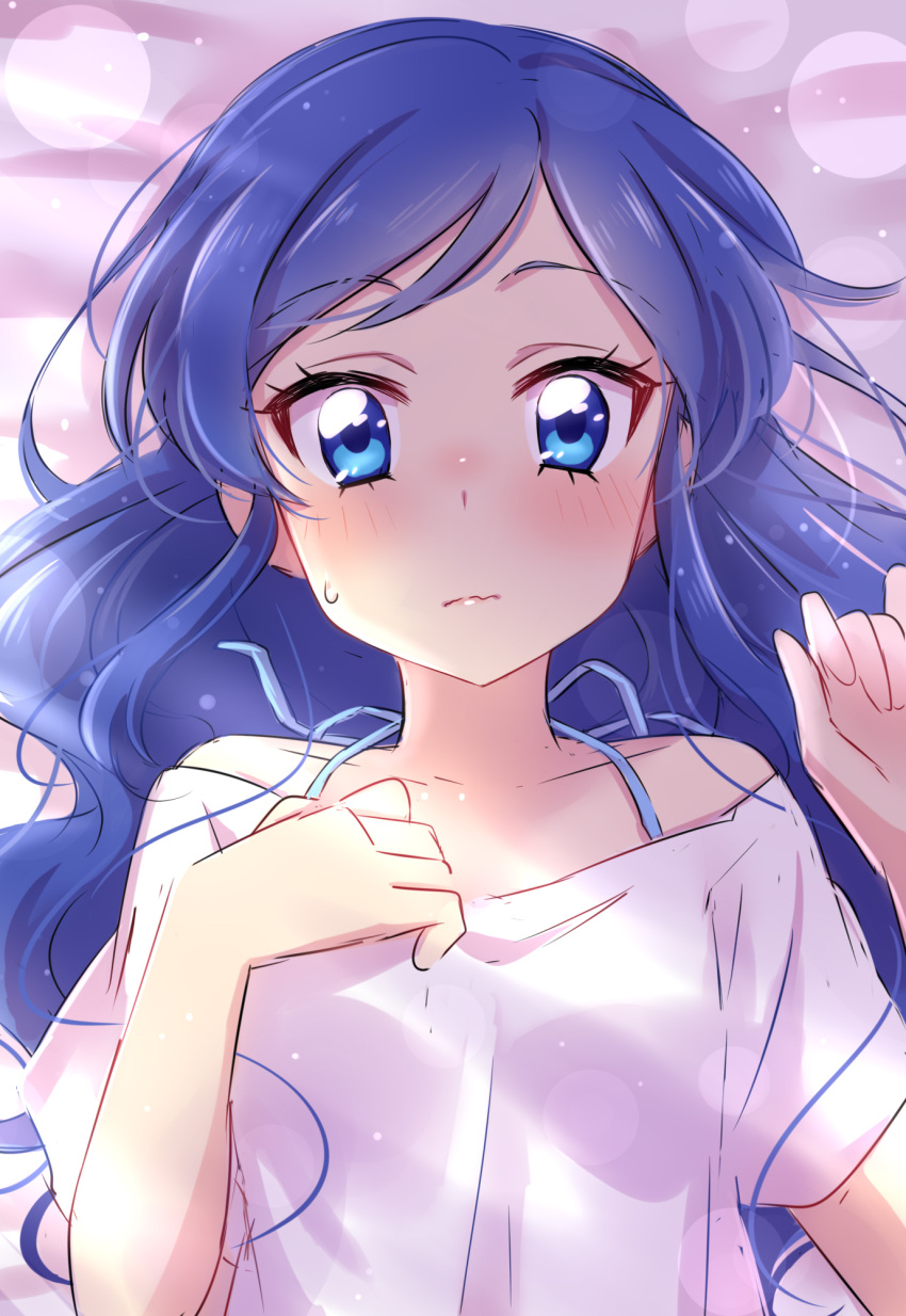 1girl aikatsu! bangs blue_eyes blue_hair blush bra_strap character_request close-up closed_mouth eyebrows_visible_through_hair hand_on_own_chest highres long_hair looking_at_viewer lying on_back on_bed sekina shirt short_sleeves solo sweatdrop upper_body wavy_mouth white_shirt