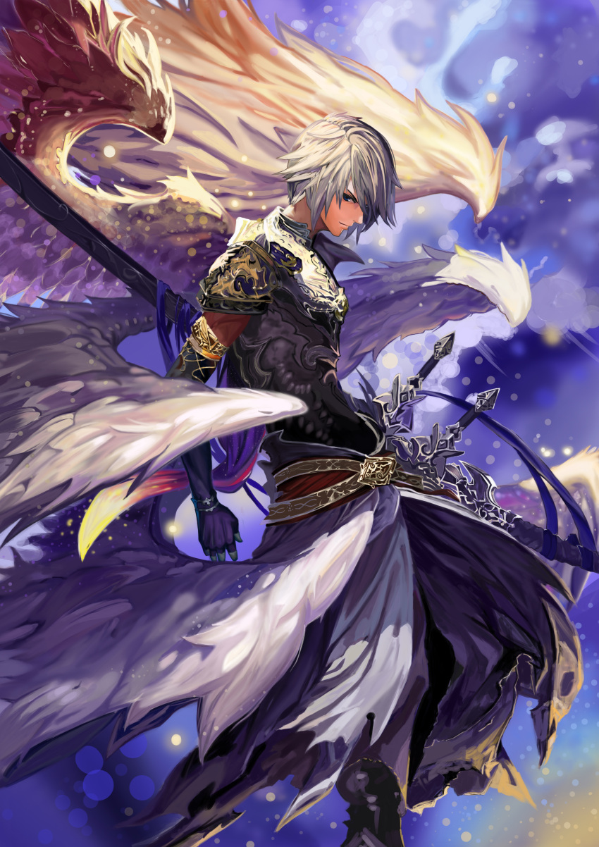 1boy absurdres arcseraph_lucifer armor black_gloves blue_eyes derivative_work gloves highres male_focus profile rusk shadowverse sheath sheathed silver_hair solo standing sword weapon wings