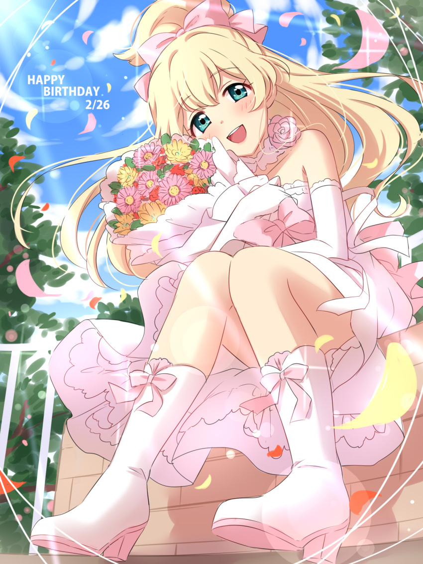 1girl :d aikatsu! bangs bare_shoulders blonde_hair blue_eyes blue_sky blush boots bouquet bow character_request clouds cloudy_sky day detached_collar dress elbow_gloves eyebrows_visible_through_hair fence flower frilled_dress frills from_ground full_body gloves hair_bow happy_birthday high_heel_boots high_heels highres holding holding_bouquet knees_together_feet_apart long_hair looking_at_viewer looking_down open_mouth outdoors pink_boots pink_bow pink_dress pink_rose rose sekina sitting sky smile solo tree white_gloves