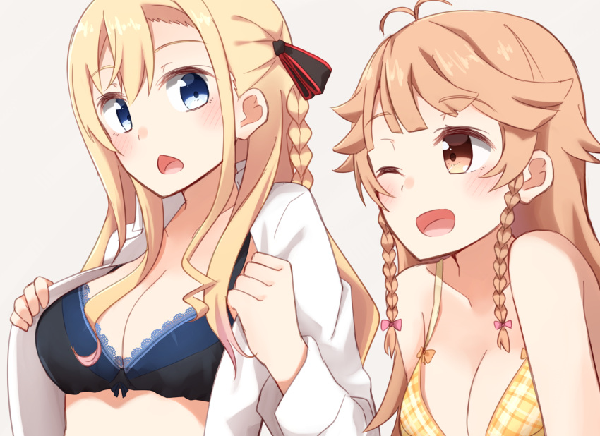 2girls ;d antenna_hair bangs bare_shoulders blonde_hair blue_eyes blush bow bra braid breasts brown_eyes cleavage collarbone commentary_request eyebrows_visible_through_hair grey_background hair_bow hair_ribbon high_school_fleet highres kapatarou lace lace-trimmed_bra large_breasts light_brown_hair long_hair multiple_girls nosa_kouko one_eye_closed open_clothes open_mouth open_shirt plaid plaid_bra ribbon shirt simple_background smile triangle_mouth twin_braids underwear undressing upper_body white_shirt wilhelmina_braunschweig_ingenohl_friedeburg