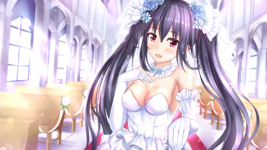 1girl absurdres bare_shoulders black_hair blush bouquet breasts bridal_veil bride dress elbow_gloves flower formal gloves hair_flower hair_ornament highres long_hair looking_at_viewer muwa12 neptune_(series) noire open_mouth red_eyes smile solo strapless strapless_dress tears twintails veil very_long_hair wedding_dress white_dress white_gloves