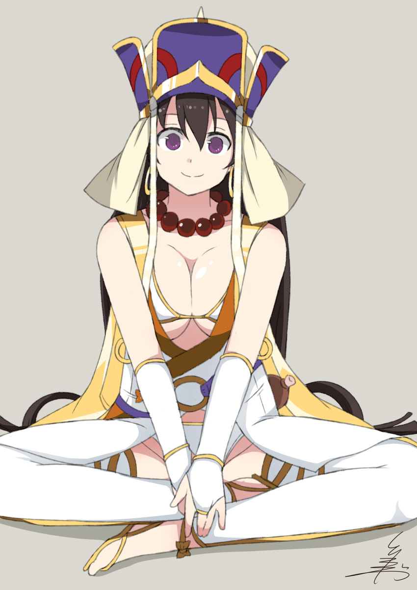 1girl absurdres beads bikini black_hair breasts cleavage earrings fate/grand_order fate_(series) grey_background groin hair_between_eyes hat highres hyoutan indian_style jewelry large_breasts long_hair looking_at_viewer necklace prayer_beads signature simple_background sitting smile solo swimsuit thigh-highs tsukigi very_long_hair violet_eyes white_bikini white_legwear xuanzang_(fate/grand_order)
