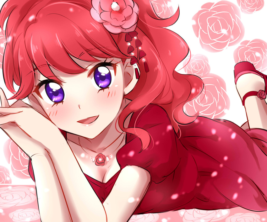 1girl aikatsu! bangs blush breasts character_request cleavage dress eyebrows_visible_through_hair floral_background flower flower_necklace hair_flower hair_ornament hands_together highres jewelry looking_at_viewer lying medium_breasts necklace on_stomach parted_lips puffy_short_sleeves puffy_sleeves red_dress redhead rose sekina short_sleeves smile solo violet_eyes