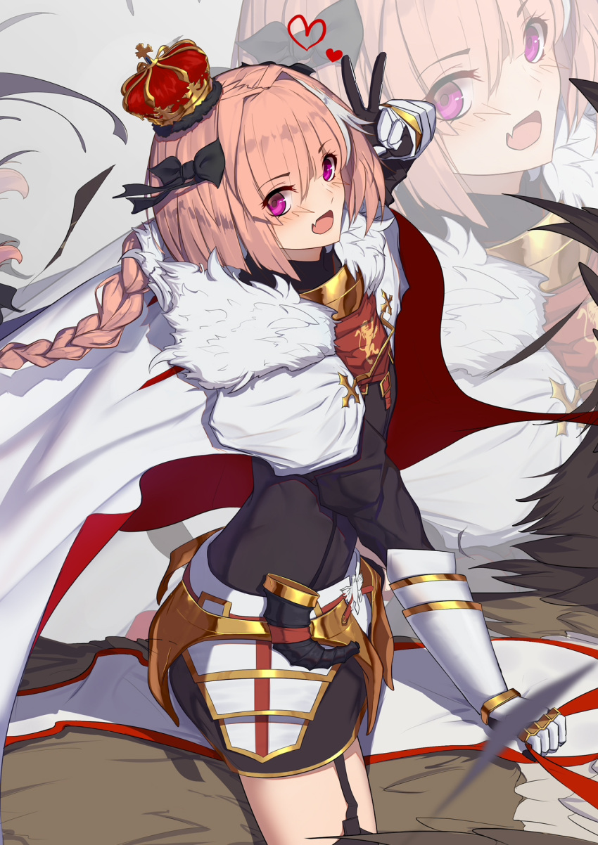 1boy arm_up armor bangs black_legwear blush braid cape eyebrows_visible_through_hair fate/apocrypha fate_(series) faulds from_side fur_trim garter_straps gauntlets hair_between_eyes heart highres horse horseback_riding langya_beike long_hair looking_at_viewer male_focus open_mouth pink_hair rider_of_black riding sidelocks single_braid smile solo thigh-highs trap v violet_eyes zoom_layer