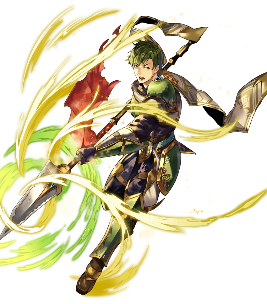 1boy abel_(fire_emblem) armor armored_boots boots fingerless_gloves fire_emblem fire_emblem:_mystery_of_the_emblem fire_emblem_heroes full_body gloves green_eyes green_hair highres male_focus official_art open_mouth polearm solo spear teeth transparent_background weapon