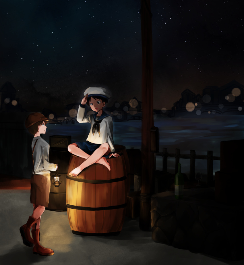2boys arm_up barefoot barrel black_hair black_neckerchief blush boots brown_boots brown_hair hat highres holding_lantern ika_ko lantern legs_crossed looking_at_another male_focus multiple_boys neckerchief open_mouth original salute short_hair sitting smile white_hat
