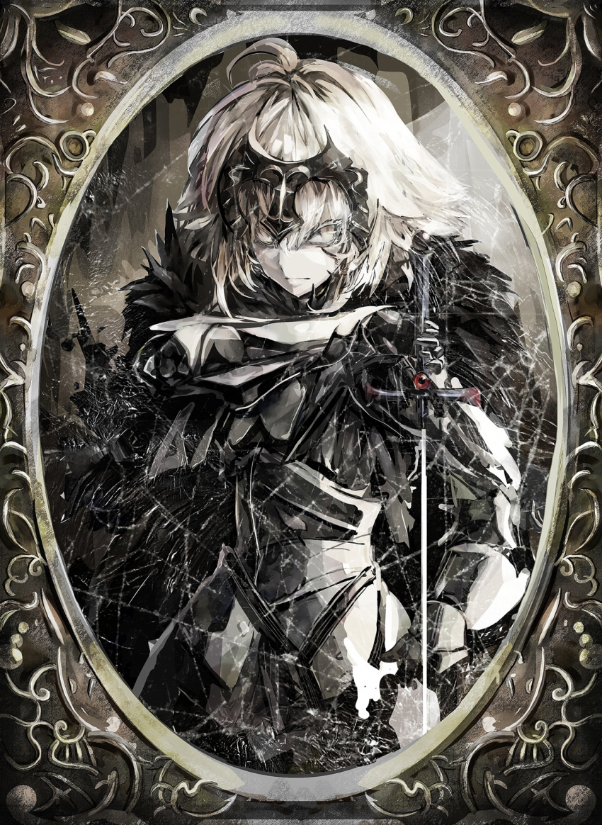 1girl armor fate/grand_order fate_(series) fur_trim gauntlets headpiece highres jeanne_alter kataru_(ubw-emiya) monochrome photo_(object) picture_(object) picture_frame plackart ruler_(fate/apocrypha) serious sheath solo sword unsheathing weapon yellow_eyes