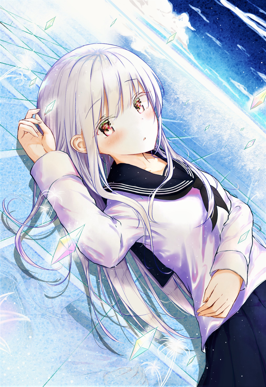 1girl absurdres black_neckerchief black_skirt blush crystal eyebrows_visible_through_hair grey_hair highres kayakooooo long_hair long_sleeves looking_at_viewer lying neckerchief on_back original parted_lips red_eyes skirt