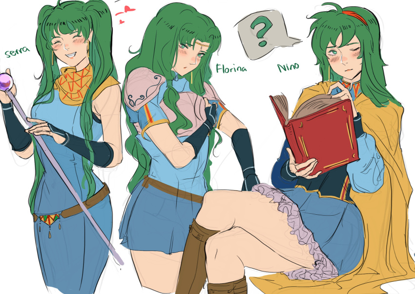 1girl absurdres alternate_hairstyle blush breastplate breasts cape character_name closed_eyes dotentity dress earrings fingerless_gloves fire_emblem fire_emblem:_rekka_no_ken florina gloves green_eyes green_hair highres jewelry long_hair lyndis_(fire_emblem) nino_(fire_emblem) ponytail short_hair skirt smile twintails very_long_hair weapon