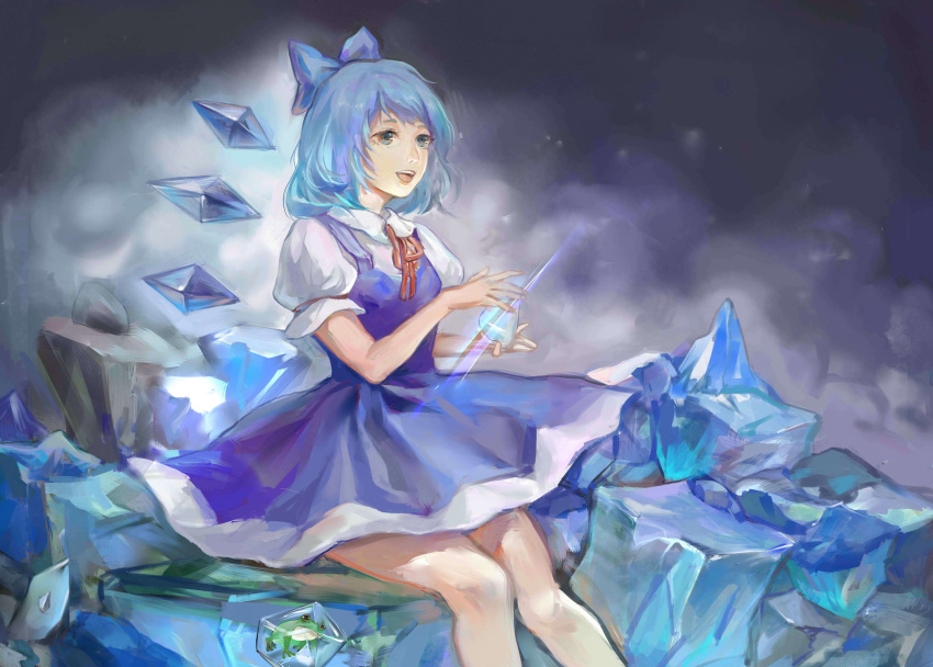 1girl absurdres blue_dress blue_eyes blue_hair bow cirno clouds dress eyelashes frozen_frog hair_bow highres ice knees_together looking_to_the_side night open_mouth outdoors puffy_short_sleeves puffy_sleeves re21 red_ribbon ribbon short_hair short_sleeves sitting solo touhou wings