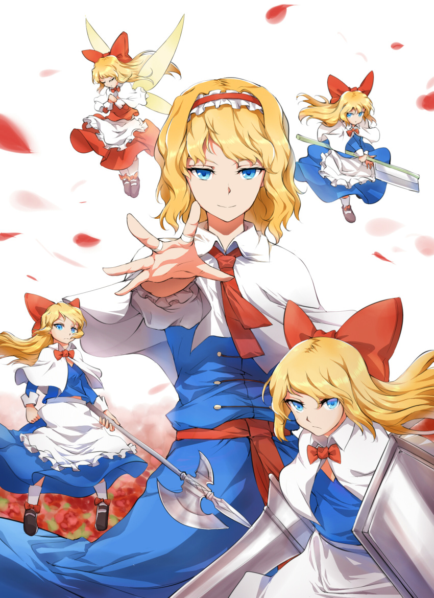 &gt;:| 1girl alice_margatroid apron blonde_hair blue_dress blue_eyes blurry bow capelet cowboy_shot depth_of_field dress expressionless floral_background flower glaive hair_blowing hair_bow hairband halberd highres hourai_doll htangt lance lolita_hairband long_hair looking_at_viewer mary_janes outstretched_hand petals polearm puffy_short_sleeves puffy_sleeves puppet_rings red_rose rose sash shanghai_doll shield shoe_bow shoes short_hair short_sleeves simple_background socks solo touhou waist_apron weapon white_background white_legwear