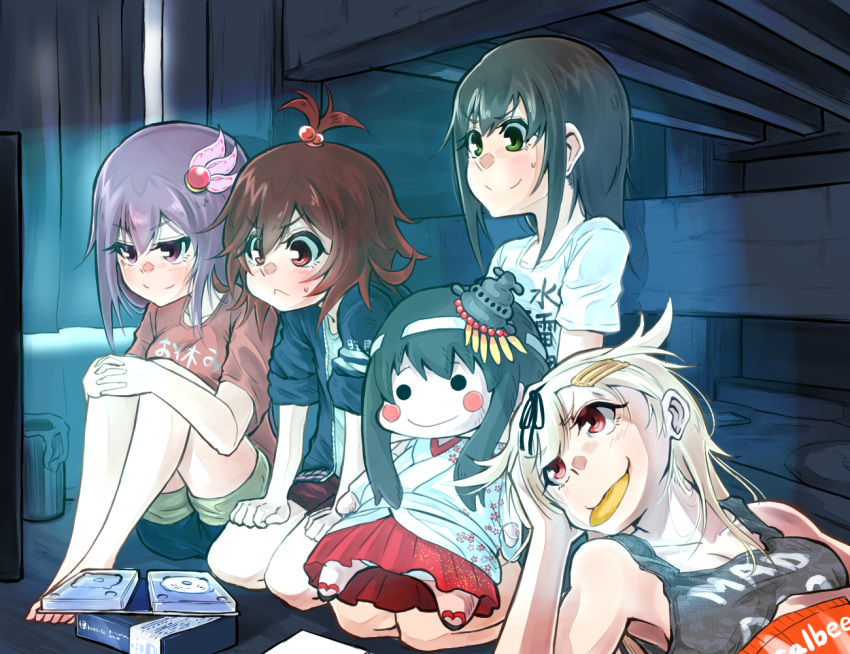 4girls alternate_hairstyle barefoot black_hair blonde_hair box brown_hair casual character_doll chips food fubuki_(kantai_collection) fusou_(kantai_collection) green_eyes hair_bobbles hair_ornament hairclip jacket kantai_collection kisaragi_(kantai_collection) long_hair mouth_hold multiple_girls mutsuki_(kantai_collection) potato_chips red_eyes sitting television topknot v_r_dragon01 watching watching_television yuudachi_(kantai_collection)