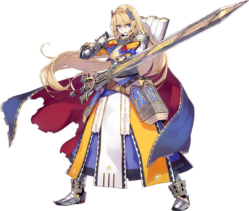 1girl armor armored_dress blonde_hair blue_eyes cape full_body fuyuno_yuuki hair_ornament hairband hand_on_hip holding holding_sword holding_weapon long_hair official_art oshiro_project oshiro_project_re solo sword transparent_background very_long_hair weapon windsor_(oshiro_project)