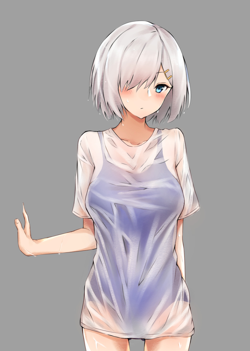 1girl blue_eyes blue_swimsuit blush breasts competition_school_swimsuit grey_background hair_ornament hair_over_one_eye hairclip hamakaze_(kantai_collection) highres kantai_collection looking_at_viewer one-piece_swimsuit poisonousgas shirt short_hair silver_hair simple_background solo swimsuit swimsuit_under_clothes wet wet_clothes wet_shirt
