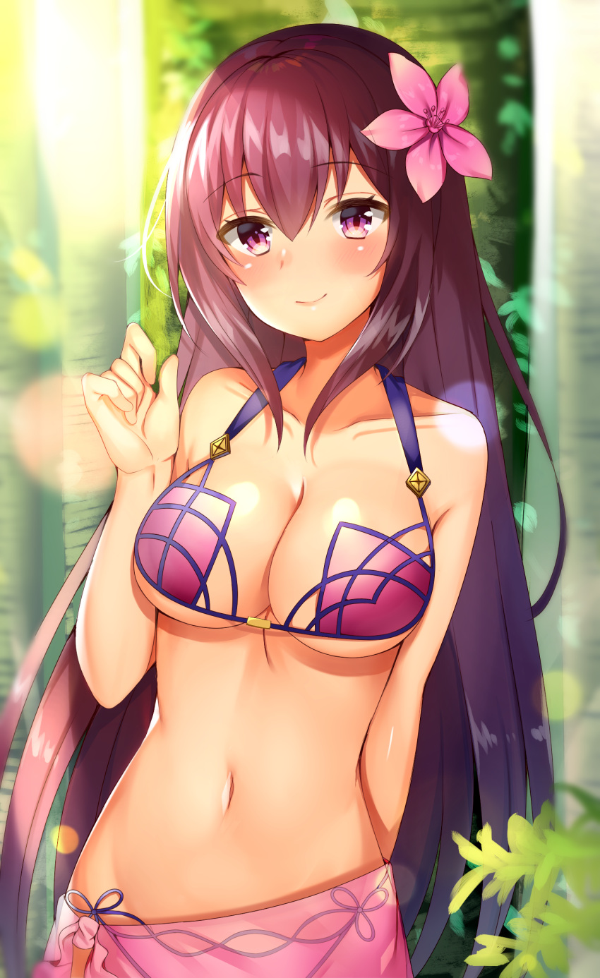 1girl absurdres aozora_nan blurry blush breasts depth_of_field eyebrows_visible_through_hair fate/grand_order fate_(series) flower hair_flower hair_ornament highres large_breasts long_hair looking_at_viewer navel purple_hair sarong scathach_(fate/grand_order) scathach_(swimsuit_assassin)_(fate) smile solo swimsuit