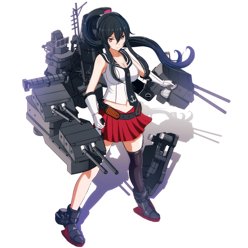 1girl anchor_symbol black_hair black_legwear breasts brown_eyes cannon cleavage commentary_request full_body gloves highres kantai_collection long_hair necktie pleated_skirt ponpu-chou ponytail rigging sailor_collar school_uniform scrunchie serafuku simple_background single_thighhigh skirt solo standing thigh-highs turret very_long_hair white_background white_gloves yahagi_(kantai_collection)