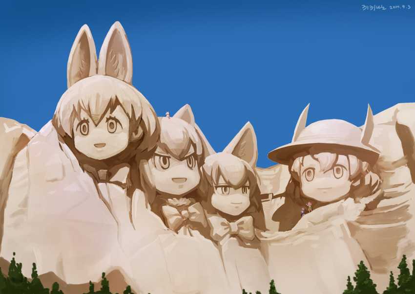 2017 3girls :d absurdres american_beaver_(kemono_friends) animal_ears beaver_ears beaver_tail bike_shorts black-tailed_prairie_dog_(kemono_friends) black_shorts bow bowtie brown_hair bucket_hat chisel closed_mouth clouds common_raccoon_(kemono_friends) crested_ibis dated fennec_(kemono_friends) fox_ears fur_collar green_skirt hair_between_eyes hat hat_feather head_wings highres holding holding_hammer holding_paper kaban_(kemono_friends) kemono_friends long_hair long_sleeves mount_rushmore mountain multicolored_hair multiple_girls number open_mouth orange_skirt pantyhose paper parody plaid plaid_skirt pleated_skirt prairie_dog_ears raccoon_ears red_legwear redhead roonhee serval_(kemono_friends) serval_ears short_hair shorts sitting skirt sky smile standing sweater tail tree two-tone_hair white_collar white_hair