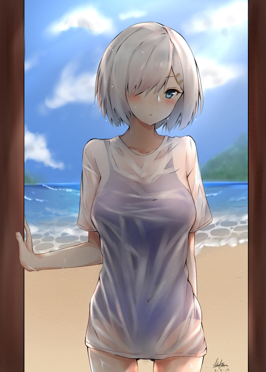 1girl artist_signature beach blue_eyes blue_sky blue_swimsuit blush breasts clouds competition_school_swimsuit dated day forest hair_ornament hair_over_one_eye hairclip hamakaze_(kantai_collection) highres island kantai_collection looking_at_viewer nature one-piece_swimsuit poisonousgas sand shirt short_hair silver_hair sky solo swimsuit swimsuit_under_clothes tree water wet wet_clothes wet_shirt