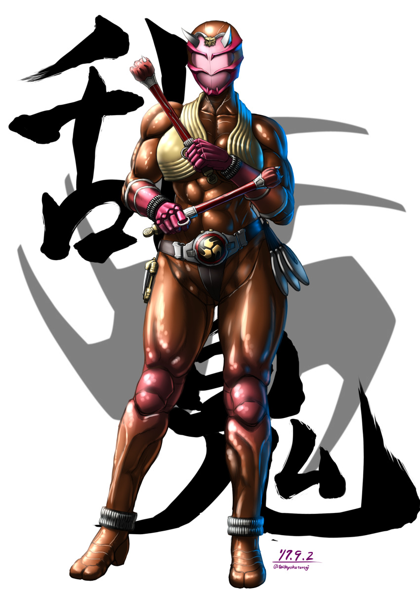 1girl abs absurdres belt breasts character_request club commentary_request dark_skin dated dual_wielding faceless full_body gloves highres holding holding_weapon horns kamen_rider medium_breasts muscle muscular_female pink_gloves revealing_clothes shiny shiny_skin solo taikyokuturugi weapon