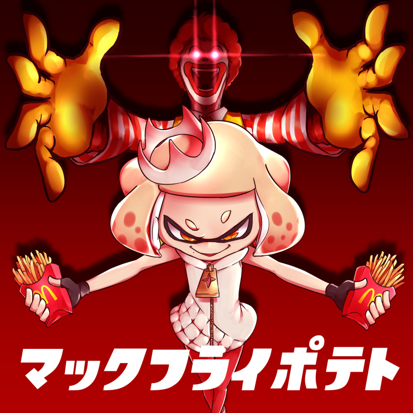 absurdres crown domino_mask dress fingerless_gloves gloves highres hime_(splatoon) mask mcdonald's mini_crown mole mole_under_mouth pantyhose red_background redhead ronald_mcdonald simple_background sleeveless sleeveless_dress smile sparkling_eyes splatoon splatoon_2 suika_(blueberry998) text translation_request white_hair white_skin yellow_eyes yellow_gloves zipper