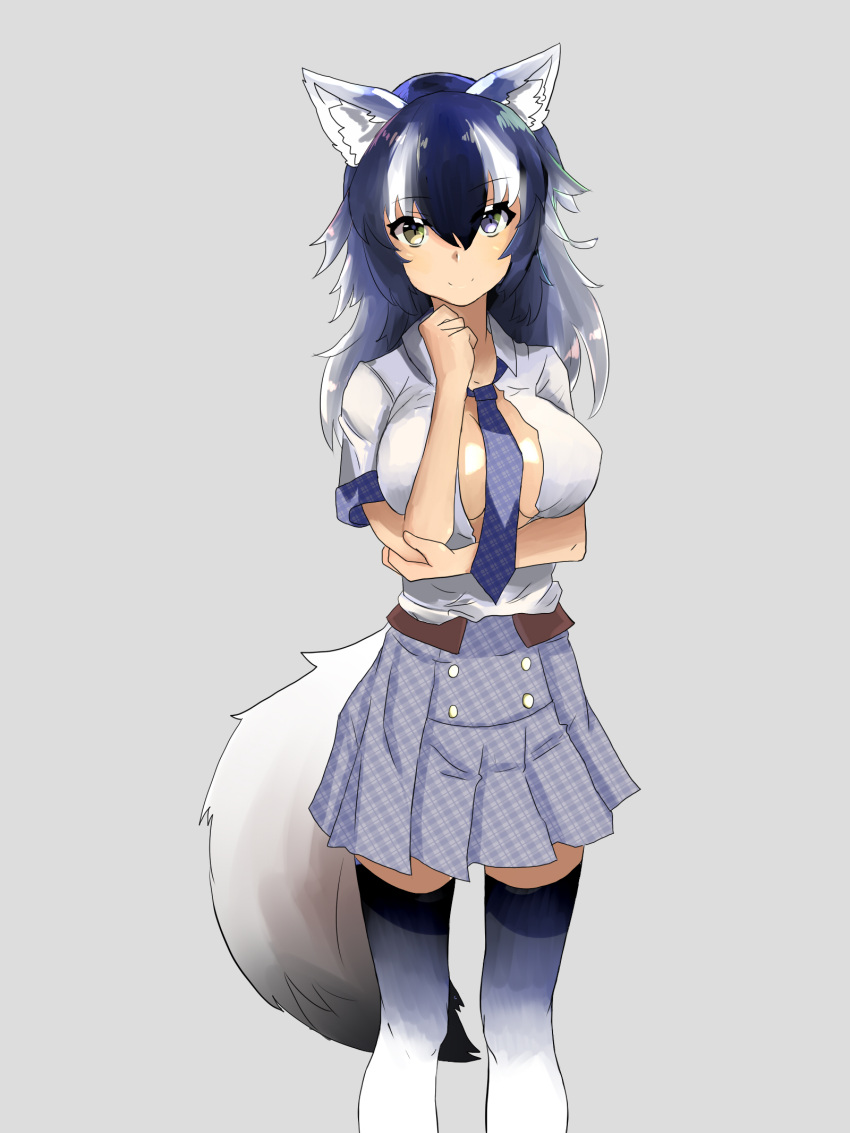 1girl animal_ears between_breasts black_hair blue_eyes breasts gradient gradient_background grey_wolf_(kemono_friends) heterochromia highres kemono_friends large_breasts long_hair looking_at_viewer multicolored_hair necktie necktie_between_breasts open_clothes open_shirt shirt skirt solo tail two-tone_hair wolf_ears wolf_tail yellow_eyes