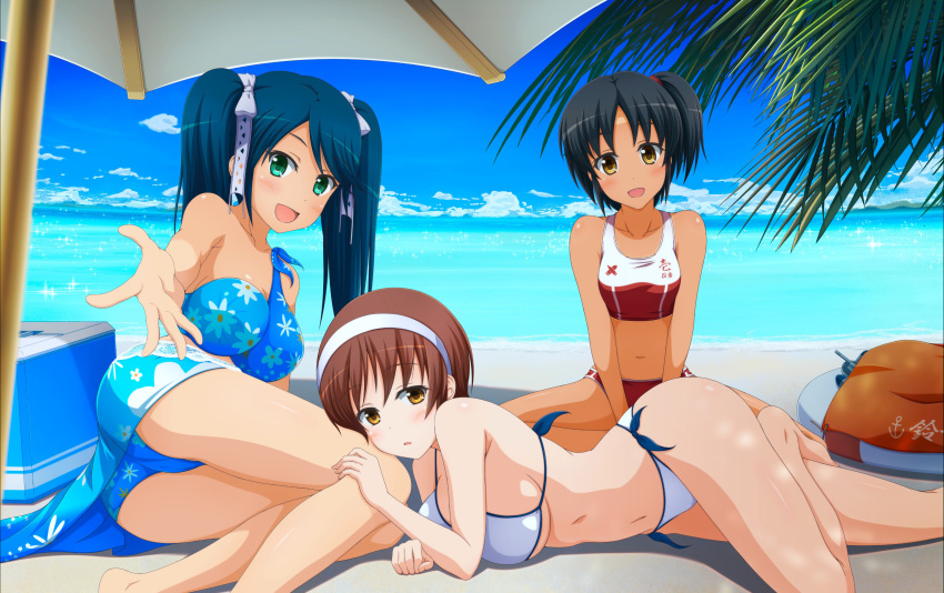 3girls absurdres beach beach_umbrella bikini black_hair blue_bikini blue_eyes blue_hair breasts brown_eyes brown_hair cleavage cooler floral_print hairband headband highres innertube isuzu_(kantai_collection) kantai_collection long_hair looking_at_viewer lying multiple_girls nagara_(kantai_collection) natori_(kantai_collection) on_side one_side_up red_bikini sarong shira-nyoro short_hair sitting swimsuit tan twintails umbrella white_bikini white_hairband