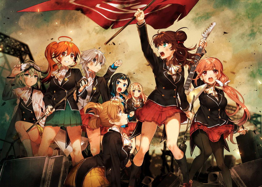 6+girls ahoge arm_up black_jacket black_legwear blue_eyes brown_eyes brown_hair eyebrows_visible_through_hair fine_art_parody floating_hair glasses_on_head green_eyes green_hair green_skirt grin guitar hair_between_eyes hair_ornament highres holding holding_flag holding_instrument holding_microphone instrument jacket kneehighs kneeling liberty_leading_the_people long_hair looking_back looking_up microphone microphone_stand miniskirt multiple_girls neckerchief open_mouth orange_hair outdoors pantyhose parody pleated_skirt red_skirt sakura_yuki_(clochette) school_uniform short_hair side_ponytail silver_hair skirt smile very_long_hair white_neckerchief yellow_skirt