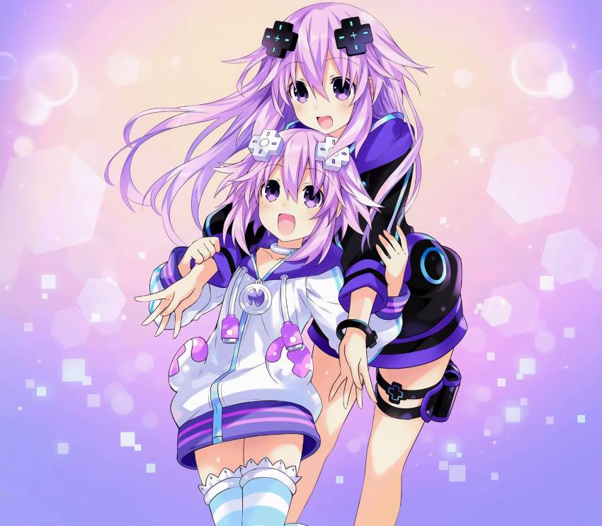 2girls adult_neptune bangs choujigen_game_neptune collarbone cowboy_shot d-pad dual_persona eyebrows_visible_through_hair gradient gradient_background hair_ornament highres hood hooded_track_jacket hug jacket long_hair looking_at_another multiple_girls neptune_(choujigen_game_neptune) neptune_(series) official_art open_mouth purple_hair shin_jigen_game_neptune_vii short_hair simple_background smile striped striped_legwear thigh-highs track_jacket tsunako violet_eyes zettai_ryouiki