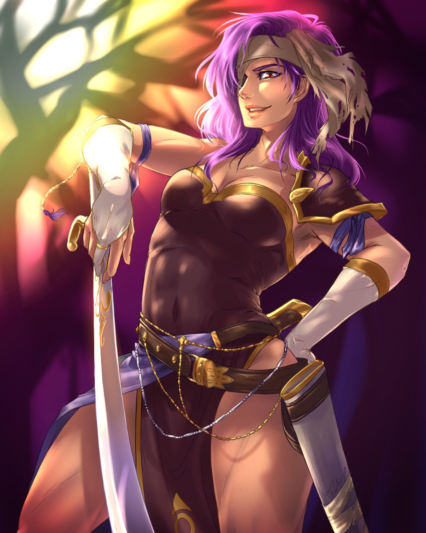 1girl absurdres artist_name belt breasts cleavage covered_navel eyepatch fingerless_gloves fire_emblem fire_emblem:_shin_monshou_no_nazo gloves h3llomiko headband highres long_hair malice_(fire_emblem) open_mouth purple_hair red_eyes solo sword teeth upper_body weapon