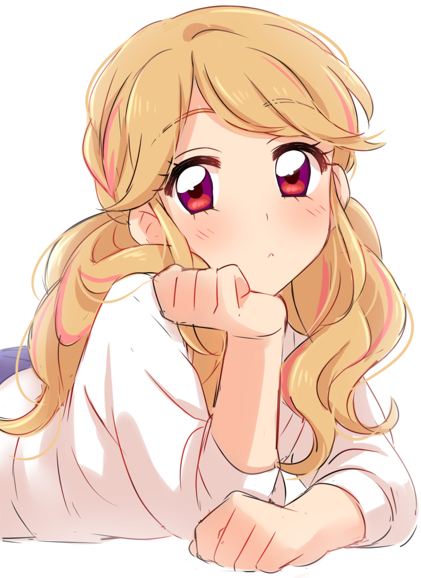 1girl :&lt; aikatsu! bangs blush brown_hair character_request chin_rest closed_mouth eyebrows_visible_through_hair highres long_hair long_sleeves looking_at_viewer lying multicolored multicolored_eyes multicolored_hair on_stomach purple_skirt red_eyes sekina sketch skirt solo streaked_hair sweater upper_body violet_eyes white_sweater