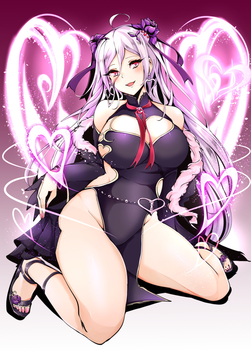 1girl absurdres agetama ahoge bare_legs bare_shoulders breasts cleavage divine_gate earrings flower full_body hair_flower hair_ornament hair_ribbon heart heart-shaped_pupils heart_earrings highres horns jewelry large_breasts long_hair looking_at_viewer nail_polish neck_ribbon no_panties pelvic_curtain pink_eyes pink_nails purple_hair purple_ribbon purple_rose red_ribbon ribbon rose sandals sitting smile solo symbol-shaped_pupils toenail_polish