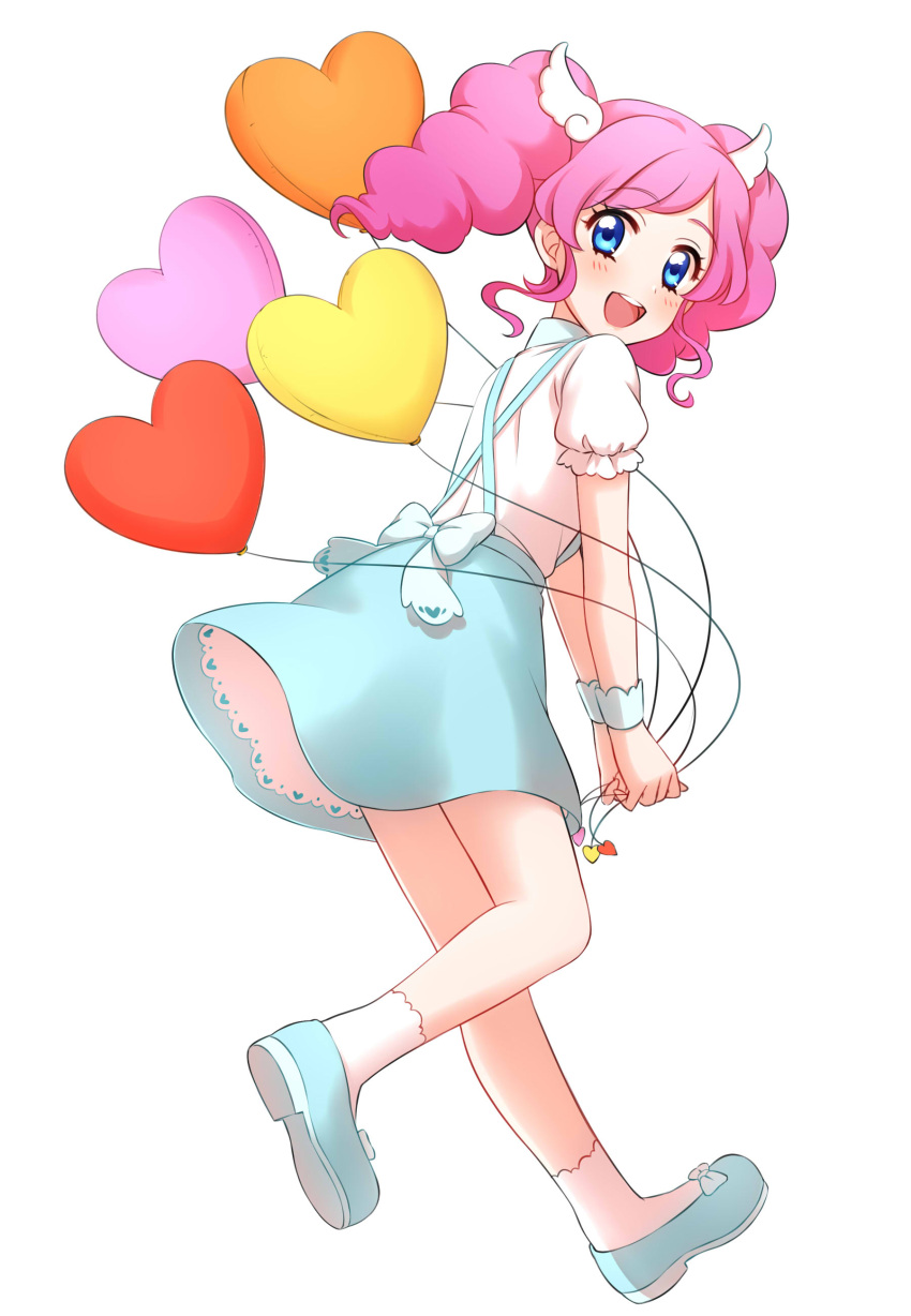 1girl absurdres aikatsu! blue_eyes blue_shoes blue_skirt blush character_request drill_hair from_behind full_body hair_ornament heart_balloon highres holding_balloon looking_at_viewer looking_back medium_hair open_mouth pink_hair puffy_short_sleeves puffy_sleeves ribbon sekina shirt shoes short_sleeves simple_background skirt smile socks solo standing standing_on_one_leg suspender_skirt suspenders twin_drills white_background white_legwear white_shirt wrist_cuffs