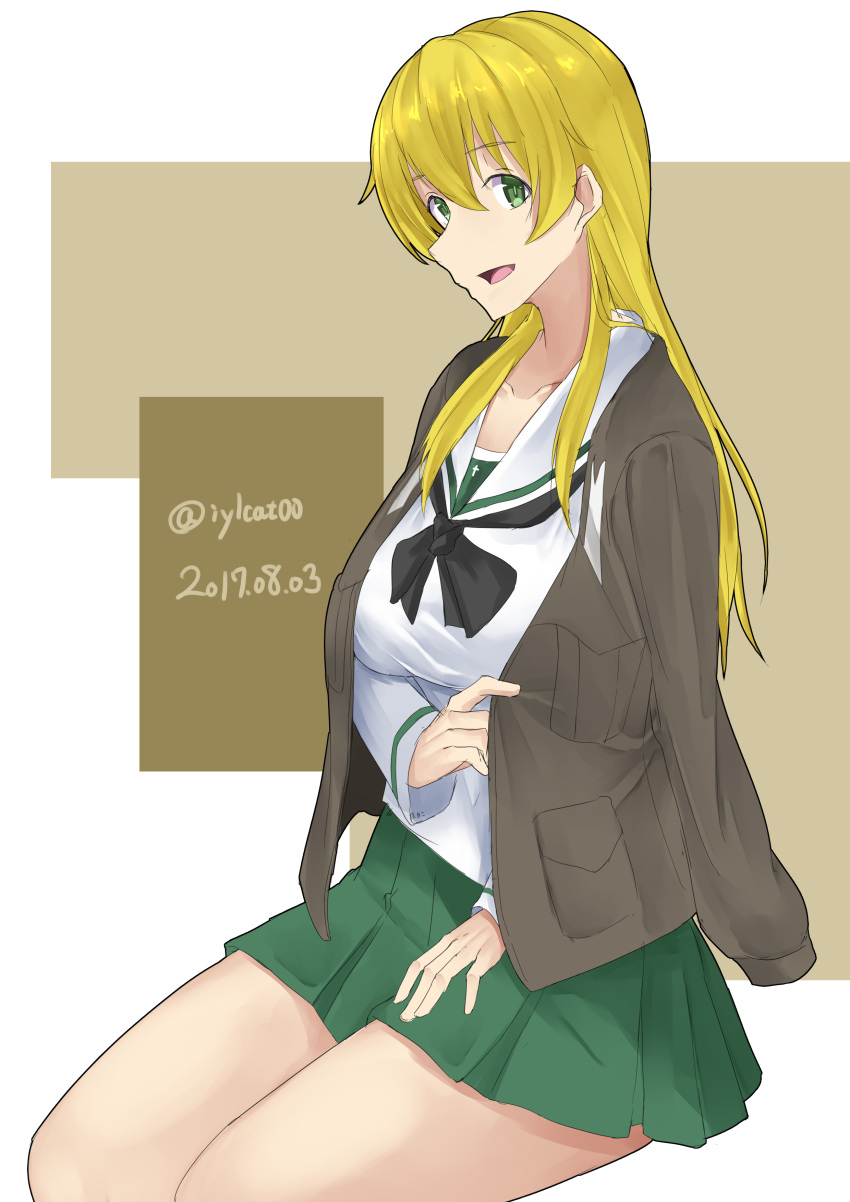 1girl absurdres anzio_military_uniform black_neckerchief blonde_hair blouse breasts carpaccio dated eyebrows_visible_through_hair girls_und_panzer green_eyes green_skirt grey_jacket highres irukatto jacket_on_shoulders large_breasts long_hair long_sleeves looking_at_viewer military_jacket miniskirt neckerchief ooarai_school_uniform open_mouth pleated_skirt school_uniform serafuku sitting skirt smile solo twitter_username white_blouse