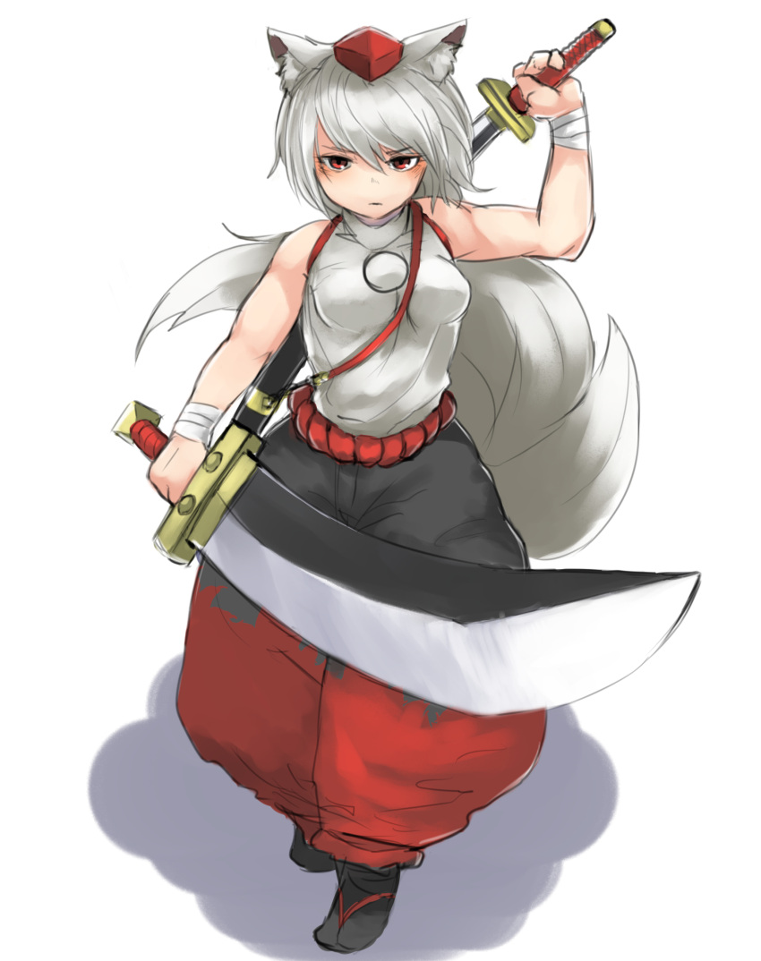1girl absurdres adapted_costume animal_ears arm_at_side baggy_pants bandage bare_arms bare_shoulders closed_mouth dual_wielding eyebrows_visible_through_hair full_body grey_hair hair_between_eyes hand_up hat highres holding holding_sword holding_weapon inubashiri_momiji japanese_clothes katana looking_at_viewer matinmorgen medium_hair pants pom_pom_(clothes) red_eyes serious sheath shirt simple_background sleeveless sleeveless_shirt solo sword tail tokin_hat touhou unsheathing walking weapon weapon_on_back white_background white_shirt wolf_ears wolf_tail