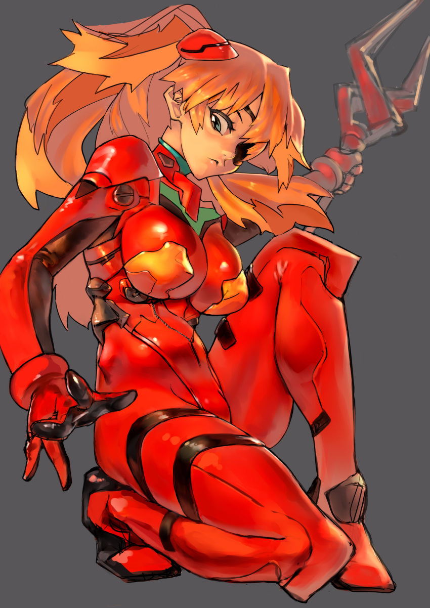 1girl absurdres bodysuit breasts commentary eyepatch full_body green_eyes grey_background headgear highres holding holding_spear holding_weapon lance lance_of_longinus large_breasts long_hair looking_at_viewer looking_down neon_genesis_evangelion one_eye_covered one_knee orange_hair parted_lips plugsuit polearm red_bodysuit simple_background skin_tight solo souryuu_asuka_langley spear turtleneck unizama weapon