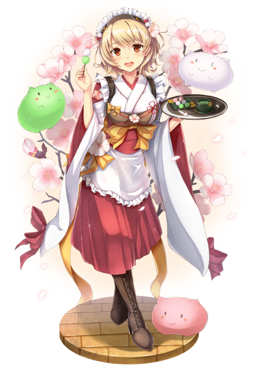 1girl :&gt; :d apricot_(flower_knight_girl) black_hairband blonde_hair boots bow brown_boots brown_eyes creature cross-laced_footwear dabadhi dango dress flower flower_knight_girl food full_body hairband highres japanese_clothes kimono lace-up_boots looking_at_viewer open_mouth petals red_bow red_dress short_hair smile solo standing tea wagashi waitress white_background white_kimono