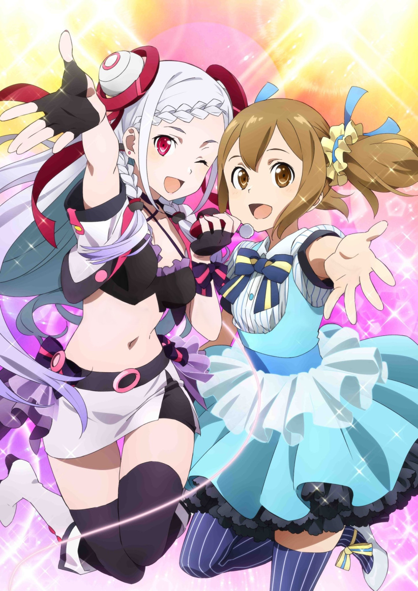 2girls :d ;d arm_up black_gloves black_legwear black_shorts blue_legwear blue_ribbon boots bow bowtie brown_eyes brown_hair crop_top dress fingerless_gloves gloves green_dress hair_between_eyes hair_ribbon half_gloves high_heel_boots high_heels highres long_hair looking_at_viewer midriff miniskirt multiple_girls navel one_eye_closed one_leg_raised open_mouth outstretched_arm pinafore_dress red_eyes red_ribbon ribbon seven_(sao) shirt short_shorts short_sleeves shorts shorts_under_skirt silica silver_hair skirt smile stomach striped striped_legwear sword_art_online thigh-highs twintails vertical-striped_legwear vertical_stripes very_long_hair white_shirt white_skirt zettai_ryouiki