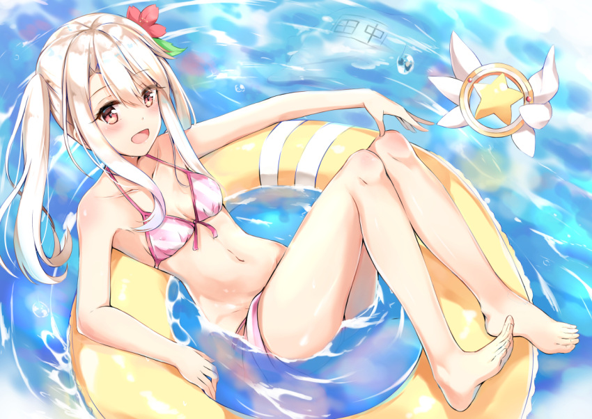 1girl :d bangs bare_legs barefoot bikini blush breasts collarbone eyebrows_visible_through_hair fate/kaleid_liner_prisma_illya fate_(series) floating front-tie_bikini front-tie_top hair_between_eyes illyasviel_von_einzbern innertube long_hair looking_at_viewer magical_ruby ocean open_mouth pink_bikini side_ponytail sidelocks silver_hair small_breasts smile solo striped striped_bikini swimsuit tailam