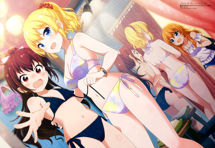 3girls :d absurdres amano_nozomi ass battle_girl_high_school bikini black_bikini black_shorts blonde_hair blue_eyes blush breasts brown_hair cleavage dutch_angle earrings eyebrows_visible_through_hair flat_chest hair_between_eyes hair_ornament hair_ribbon hair_scrunchie high_ponytail highres himukai_yuri indoors jewelry kougami_kanon long_hair medium_breasts mirro multiple_girls open_mouth orange_hair outstretched_arm red_eyes ribbon scrunchie shirt short_shorts short_sleeves shorts smile standing swimsuit untied untied_bikini white_bikini white_ribbon white_shirt