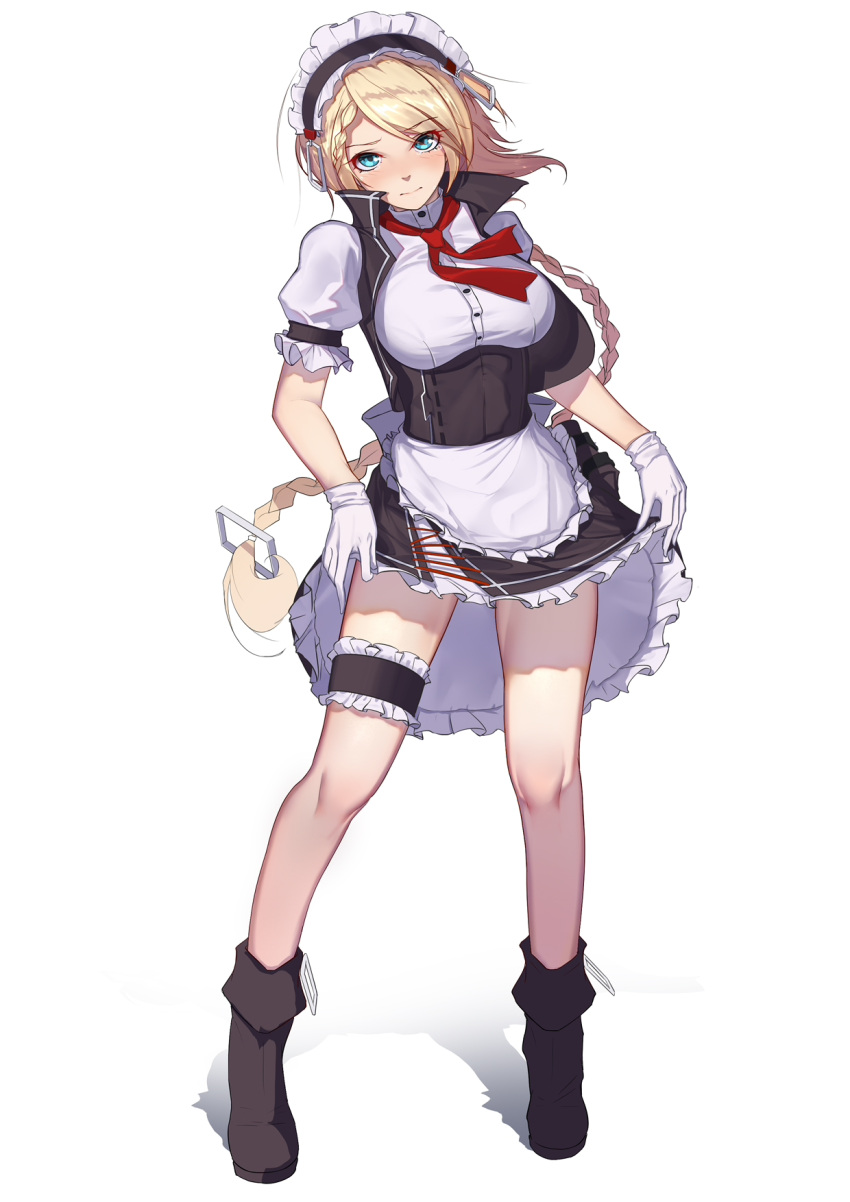 1girl 3: bangs black_boots black_dress blonde_hair blue_eyes boots braid breasts closed_mouth dress eyebrows_visible_through_hair frills full_body g36_(girls_frontline) girls_frontline gloves highres jacket langya_beike large_breasts leg_garter legs_apart long_hair looking_at_viewer maid_headdress open_clothes open_jacket puffy_short_sleeves puffy_sleeves shadow short_sleeves side_braid side_slit simple_background single_braid solo standing tsurime underbust very_long_hair white_background white_gloves