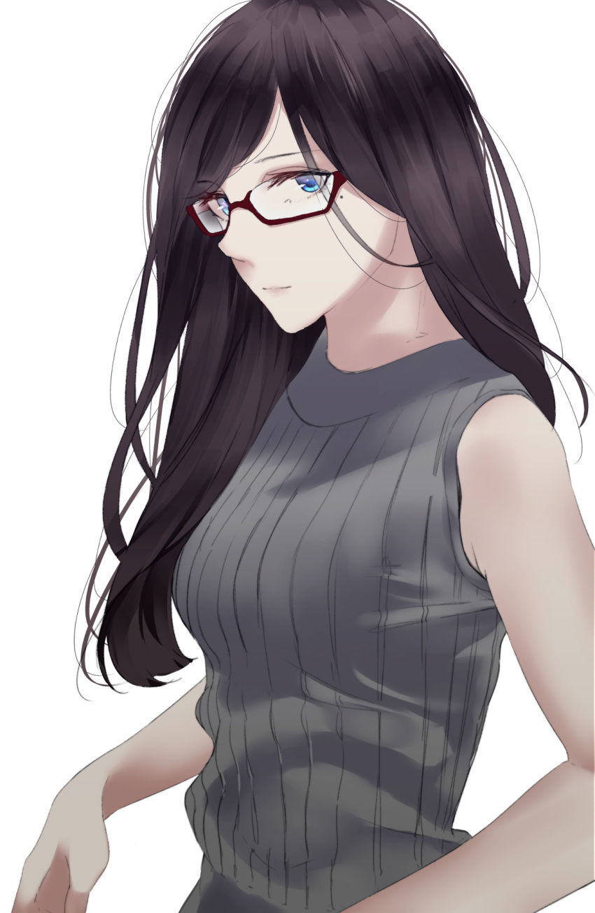 1girl bangs black_hair breasts closed_mouth eyebrows_visible_through_hair glasses grey_sweater highres light_smile long_hair looking_at_viewer medium_breasts mole mole_under_eye original purple-framed_eyewear ribbed_sweater saitou_(lynx-shrike) semi-rimless_glasses simple_background sleeveless solo sweater under-rim_glasses upper_body white_background