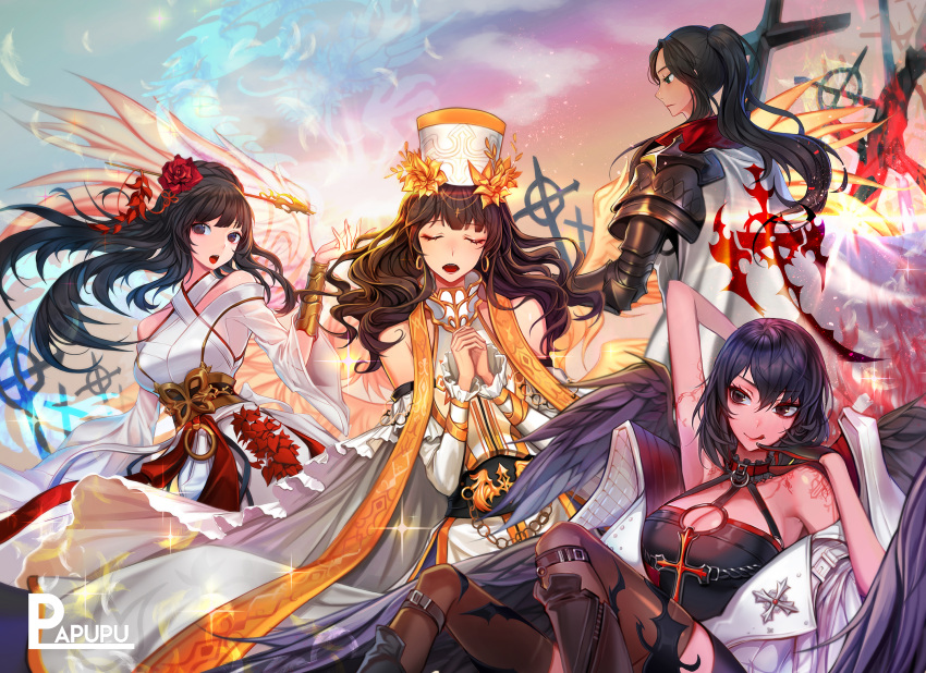 4girls angel armor artist_name black_eyes black_hair blush breasts cleavage closed_eyes dungeon_and_fighter earrings eyebrows_visible_through_hair facing_viewer highres japanese_clothes jewelry large_breasts long_hair looking_at_viewer looking_away miko multiple_girls open_mouth papupu parted_lips ponytail short_hair smile tongue tongue_out