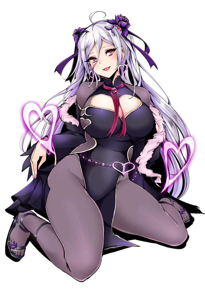 1girl absurdres agetama ahoge breasts cleavage divine_gate earrings flower full_body hair_flower hair_ornament hair_ribbon heart heart-shaped_pupils heart_earrings highres horns jewelry large_breasts long_hair looking_at_viewer nail_polish neck_ribbon no_panties pelvic_curtain pink_eyes pink_nails purple_hair purple_ribbon purple_rose red_ribbon ribbon rose sandals simple_background sitting smile solo symbol-shaped_pupils toenail_polish white_background